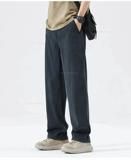 Ultra Thin Baggy Jeans Men's Summer New in Lyocell Soft Breathable Straight Trousers Elastic Waist Casual Blue Gray Wide Pants