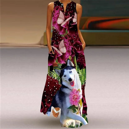 Vintage Print Maxi Dress For Women Summer Loose Sleeveless Long Dresses Elegant Lady V Neck Pocket Boho Beach Sundress Vestidos