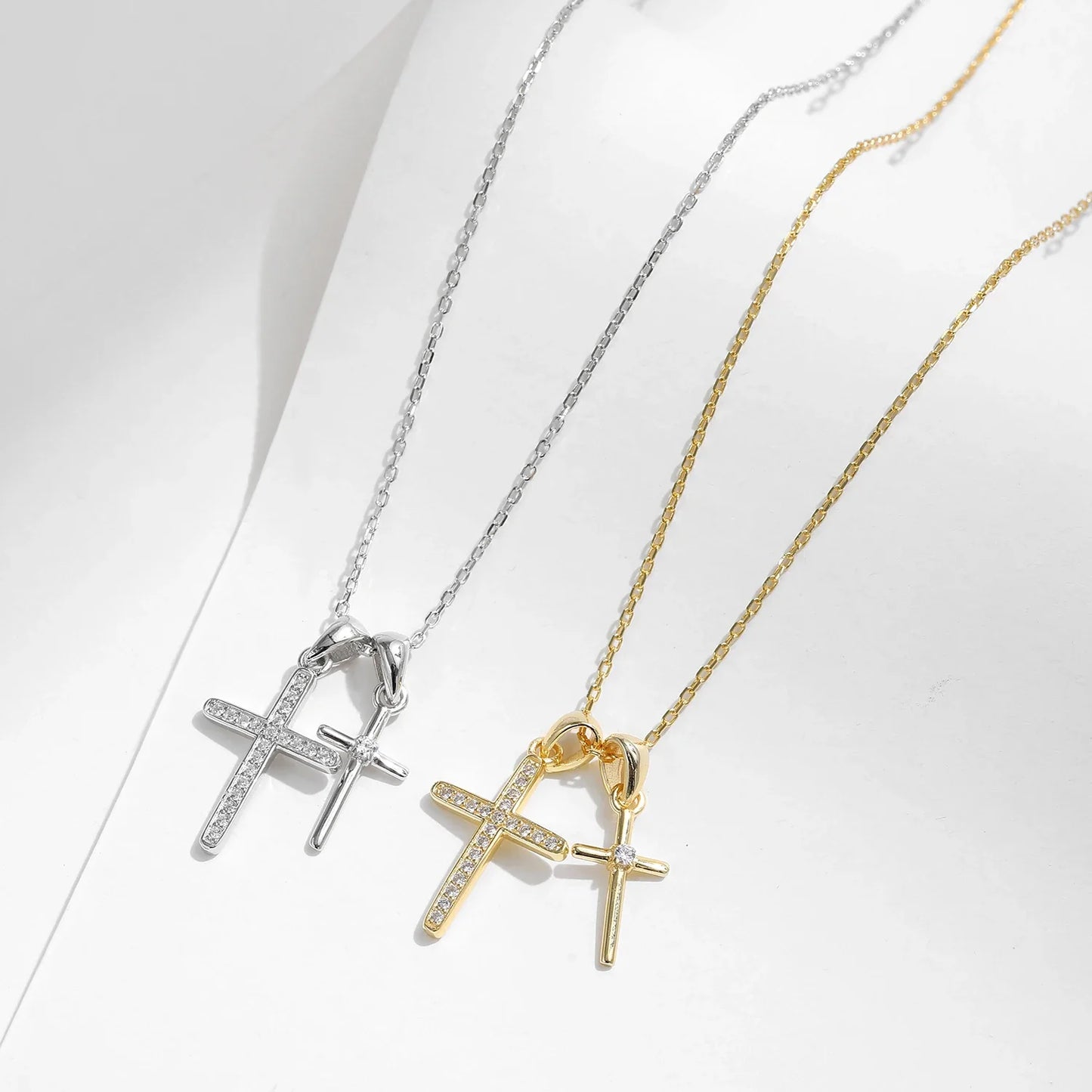 925 Sterling Silver Classic Delicate Double Cross Zircon Link Chain Pendant Necklace For Women Fine Jewelry Gifts