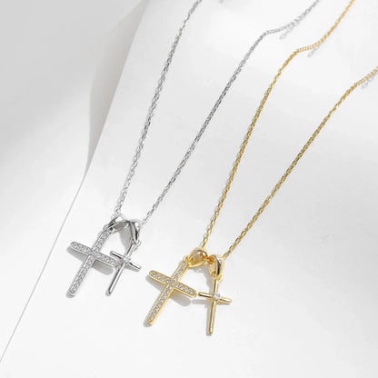925 Sterling Silver Classic Delicate Double Cross Zircon Link Chain Pendant Necklace For Women Fine Jewelry Gifts