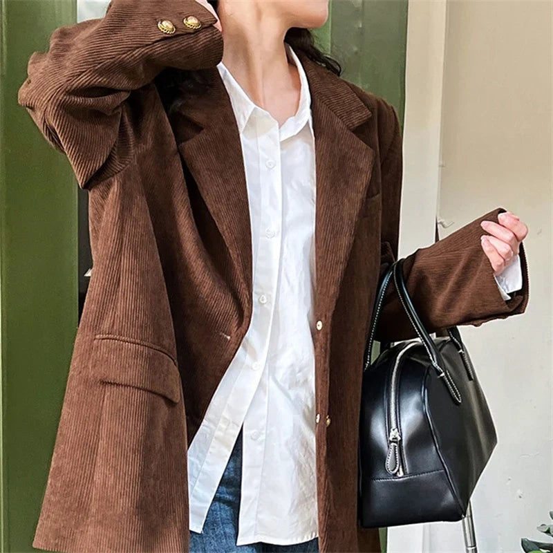 Brown Corduroy Suit Jackets Women's Spring New Fashion Loose Casual Blazers Notched Collar Single Breasted Pockets Female Tops