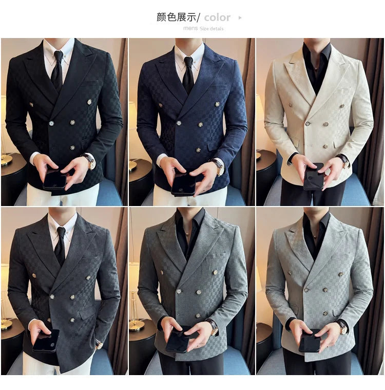 6 Color Luxury Double Breasted Blazers Coats 2024 New Fashion Checkered Business Slim Fit Social   Formal Suit Jacket 5XL-M