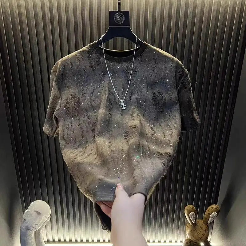 2025 Hot New Summer Men's Short-sleeved Trendy Luxury Distressed Round-neck Half-sleeve T-shirt Top