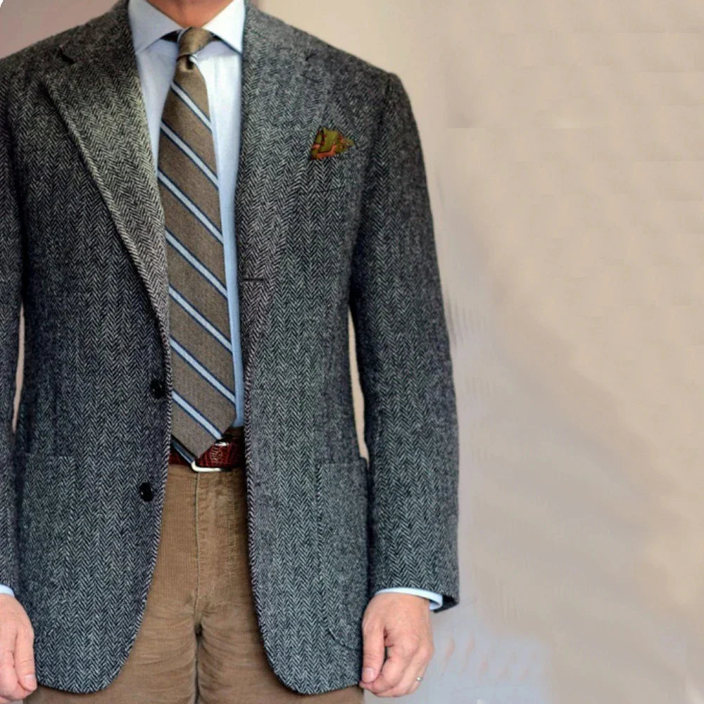 Dark Gray Business Suits Blazer Men Herringbone Notch Lapel Tuxedo Jacket Wedding Prom Party Grooms For Autumn Winter
