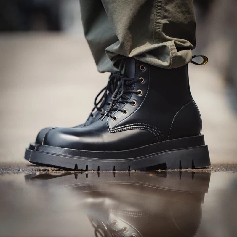 Maden Men's Cowboy Boots Black Motorcycle British Boots TPR Sole Work Shoes Safety High Top Boots for Fall Winter