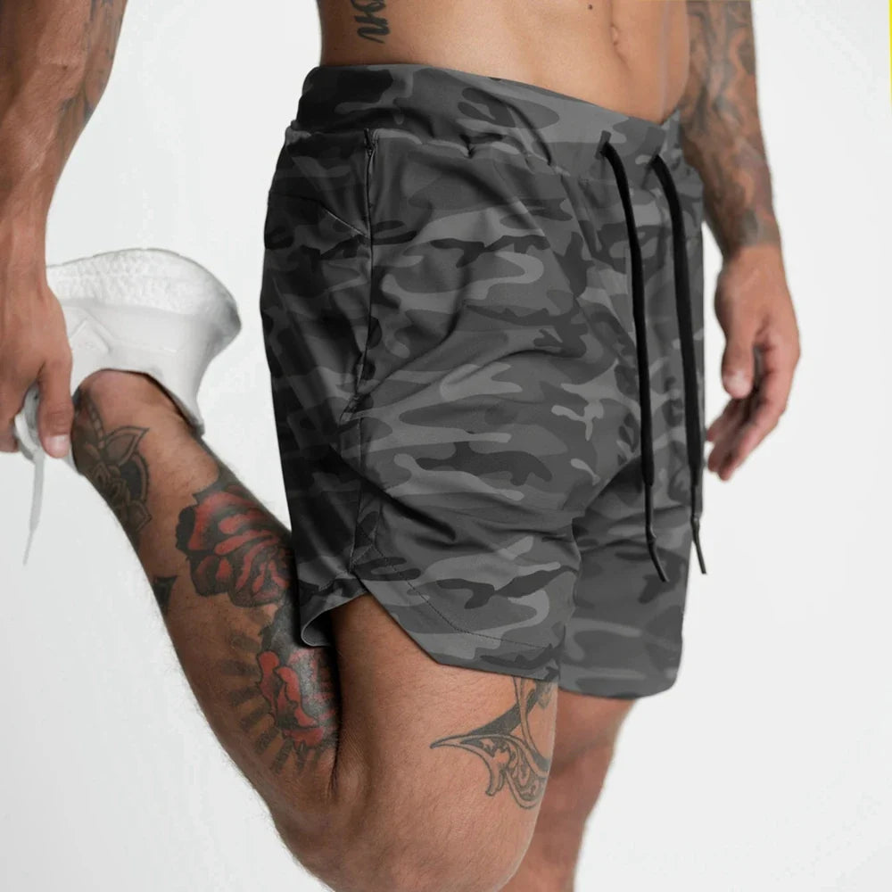 Mens Workout Fitness Shorts Camo Thin Style Breathable Jogger Gym Bodybuilding Quick Dry Running Shorts Zipper Phone Pockets