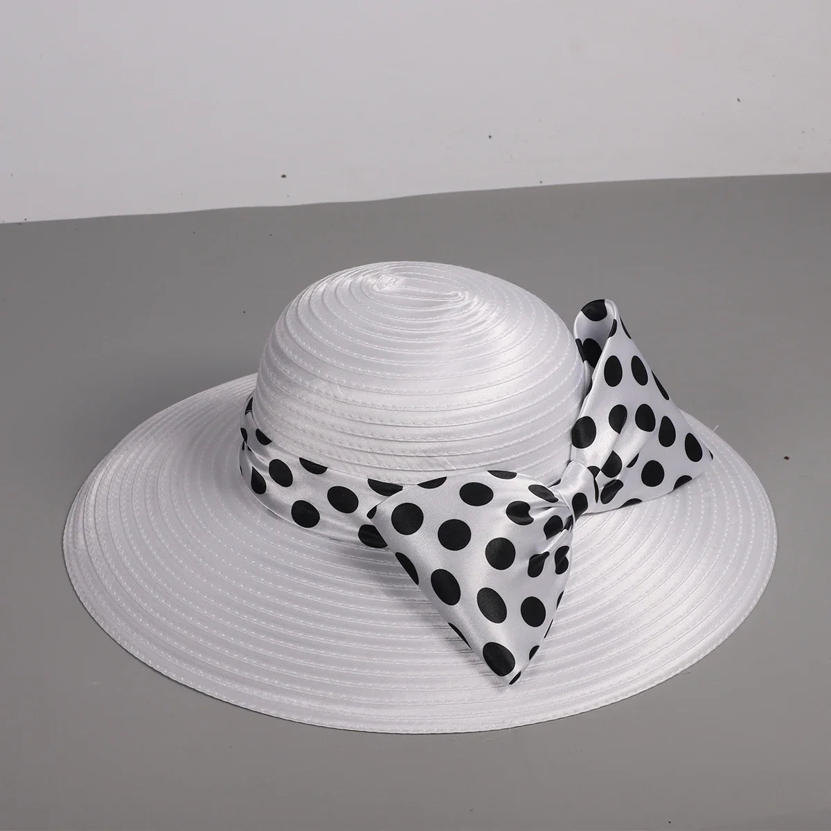 Elegant Women Wide Brim Rose Black Patchwork Polka Dots Kentucky Hat For Wedding Party Hat Big Bowknot Fedora Beach Cap