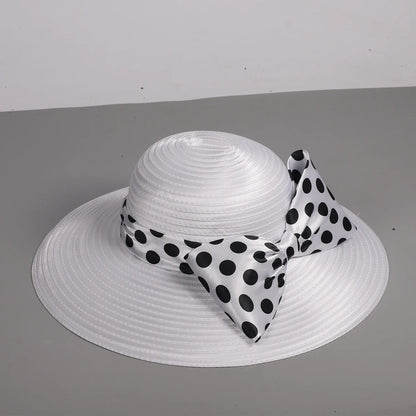 Elegant Women Wide Brim Rose Black Patchwork Polka Dots Kentucky Hat For Wedding Party Hat Big Bowknot Fedora Beach Cap
