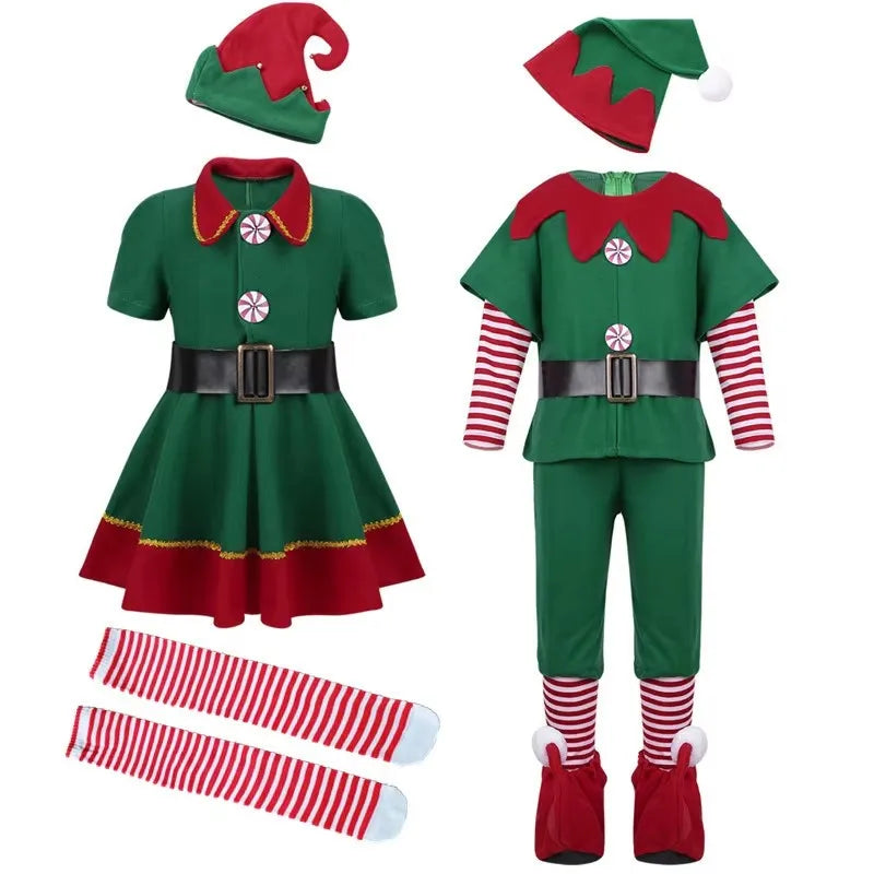 2026 Girl Boy Christmas Elf Costumes Santa Claus Kid Suit Festival Halloween Cosplay Sets Green Elves Clothes