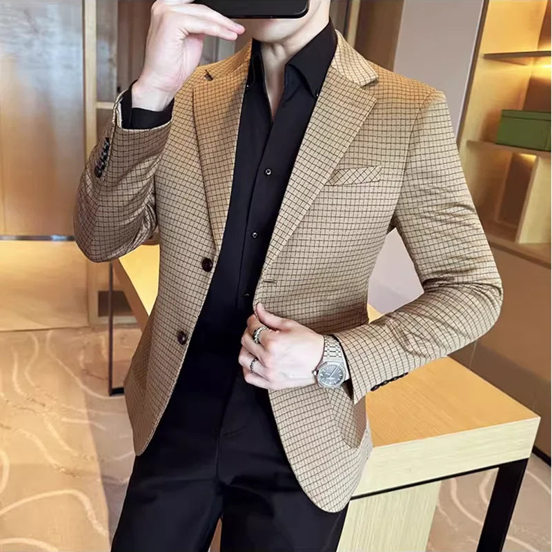 Men's Elegant Grid Suit Jacket 2026 Spring New Fashion Slim Blazer Jackets Social Prom Dress Jacket Men's High Quality Clothing