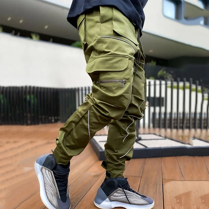 Men's Casual Pants Multi-pocket Cargo Trousers Striped Reflect Sweatpants Breathable Lightweight Jogging Trousers Gym Trackpant
