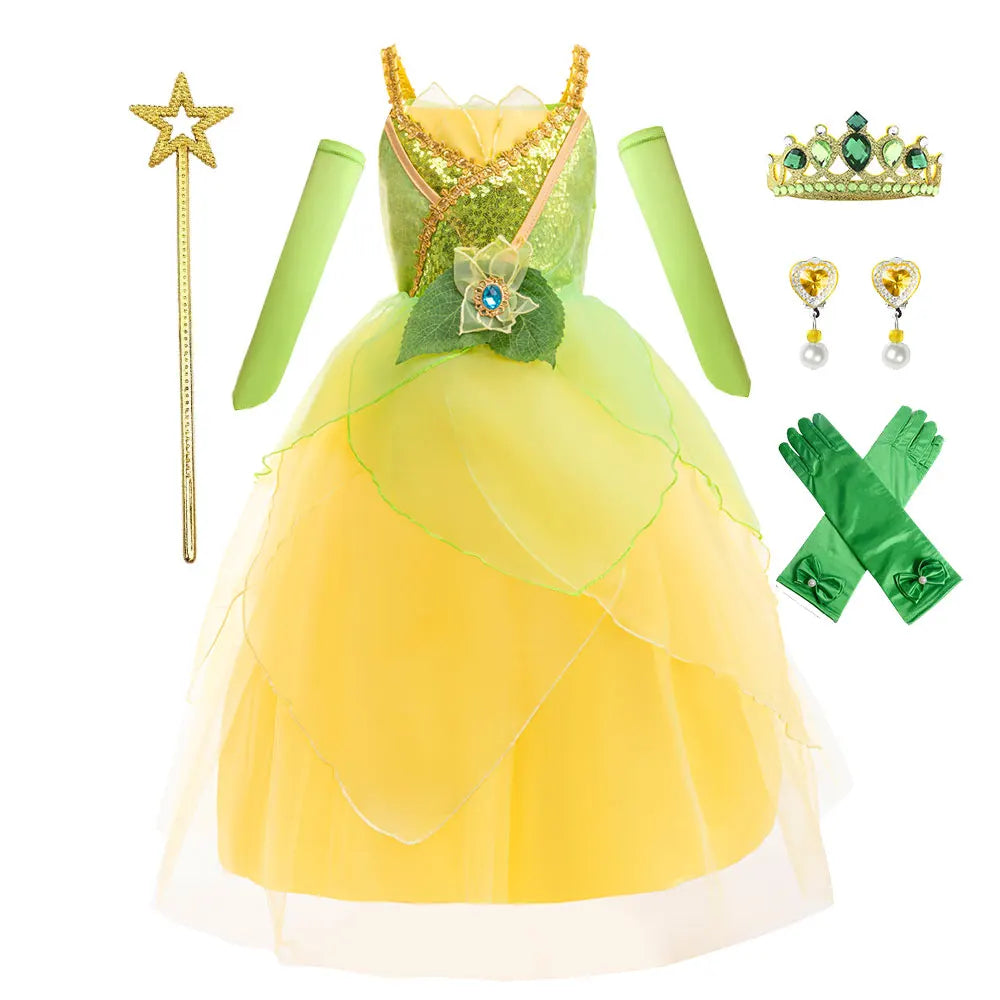2026 Fairy Tale Fancy Princess and Frog Costume Play Tiana Ball Gown with Gloves Deluxe Suspender Dress 2 4 5 7 8Y Girl Carnival