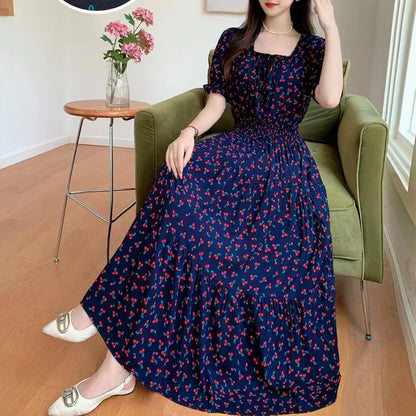 Summer New Cotton Silk Floral Print Maxi Dr ort Sve Beachwear High Waist Young Women's Large Skirt Swing Dr