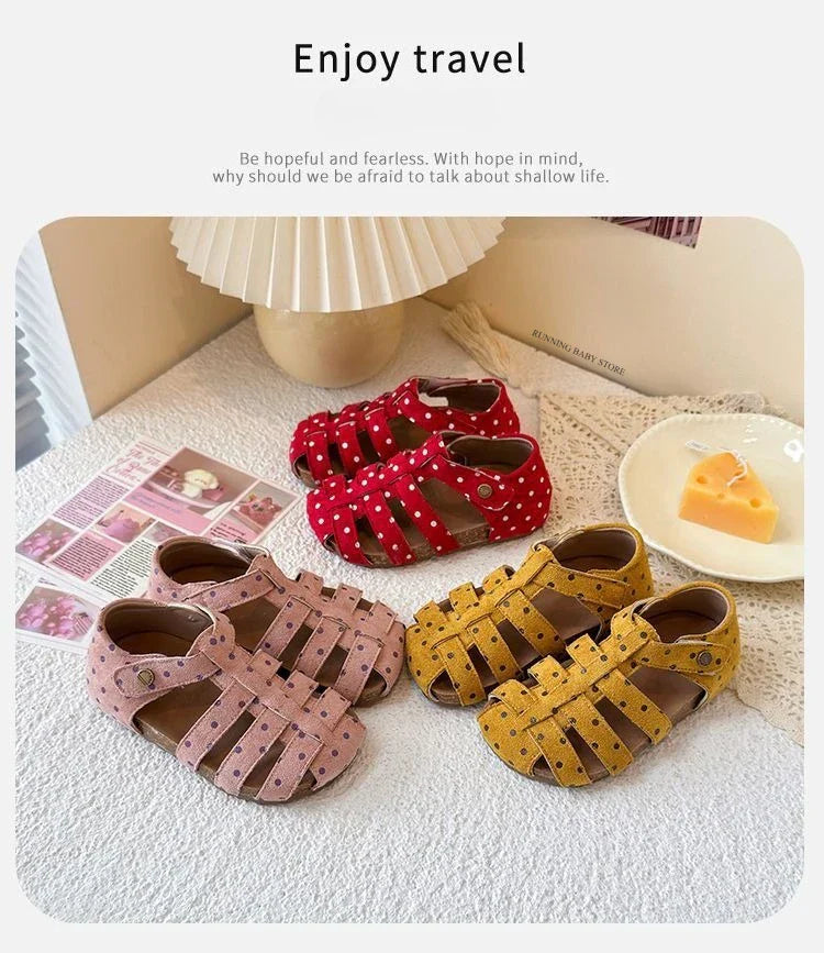 All Over Print Polka Dot Children Sandals for Girls Suede Leather Summer Students Holiday Shoes Girl Daily Shoes Cut-outs I05103