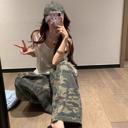 Womens Military Green Jeans High Waist Vintage Straight Baggy Hip Hop American Fashion Wide Leg Denim Trouser Y2K Denim Pants