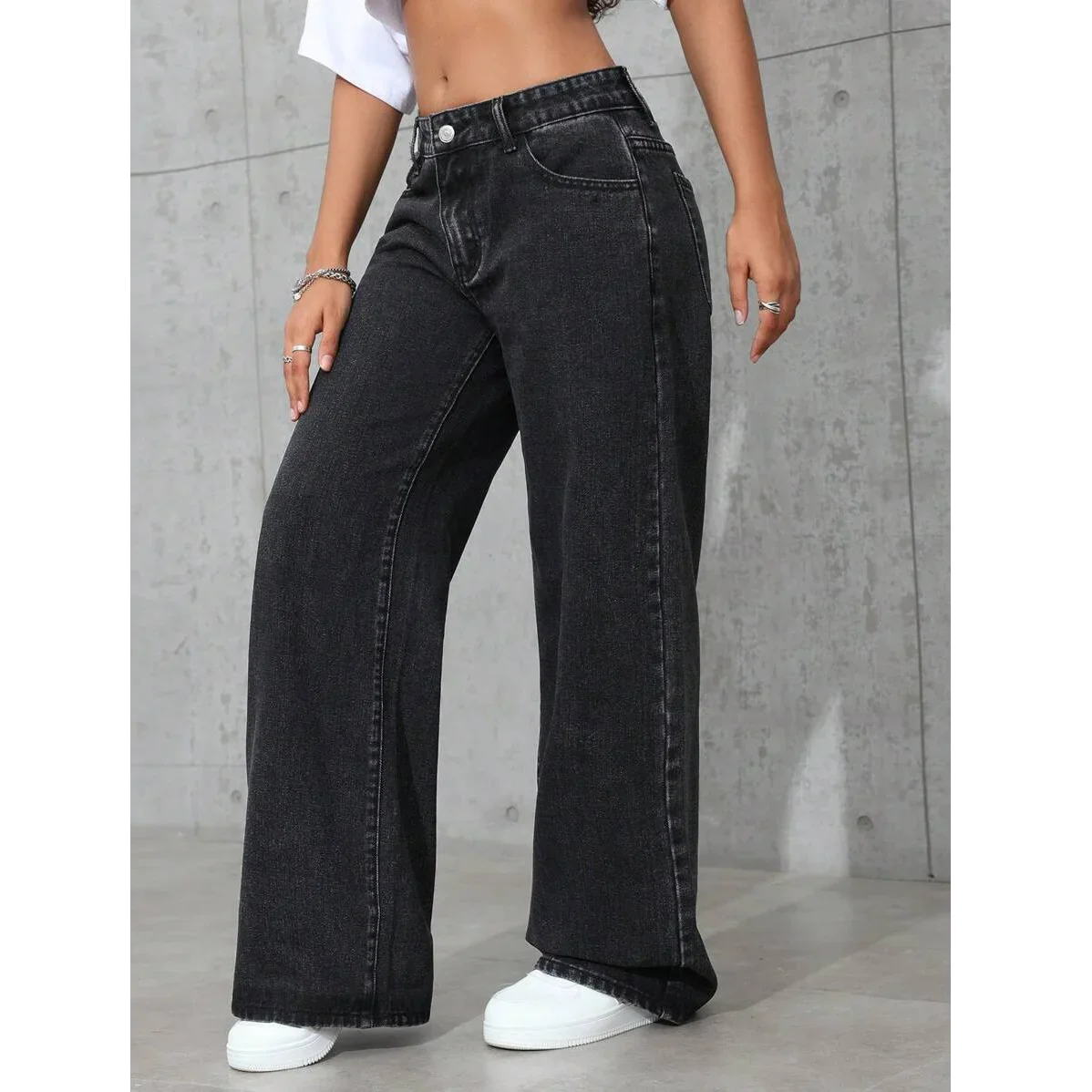 Plus Size Women's Wide Leg Jeans Washed Elastic Casual Loose Fit Ladies Denim Pants Comfortable Stretchy Trousers