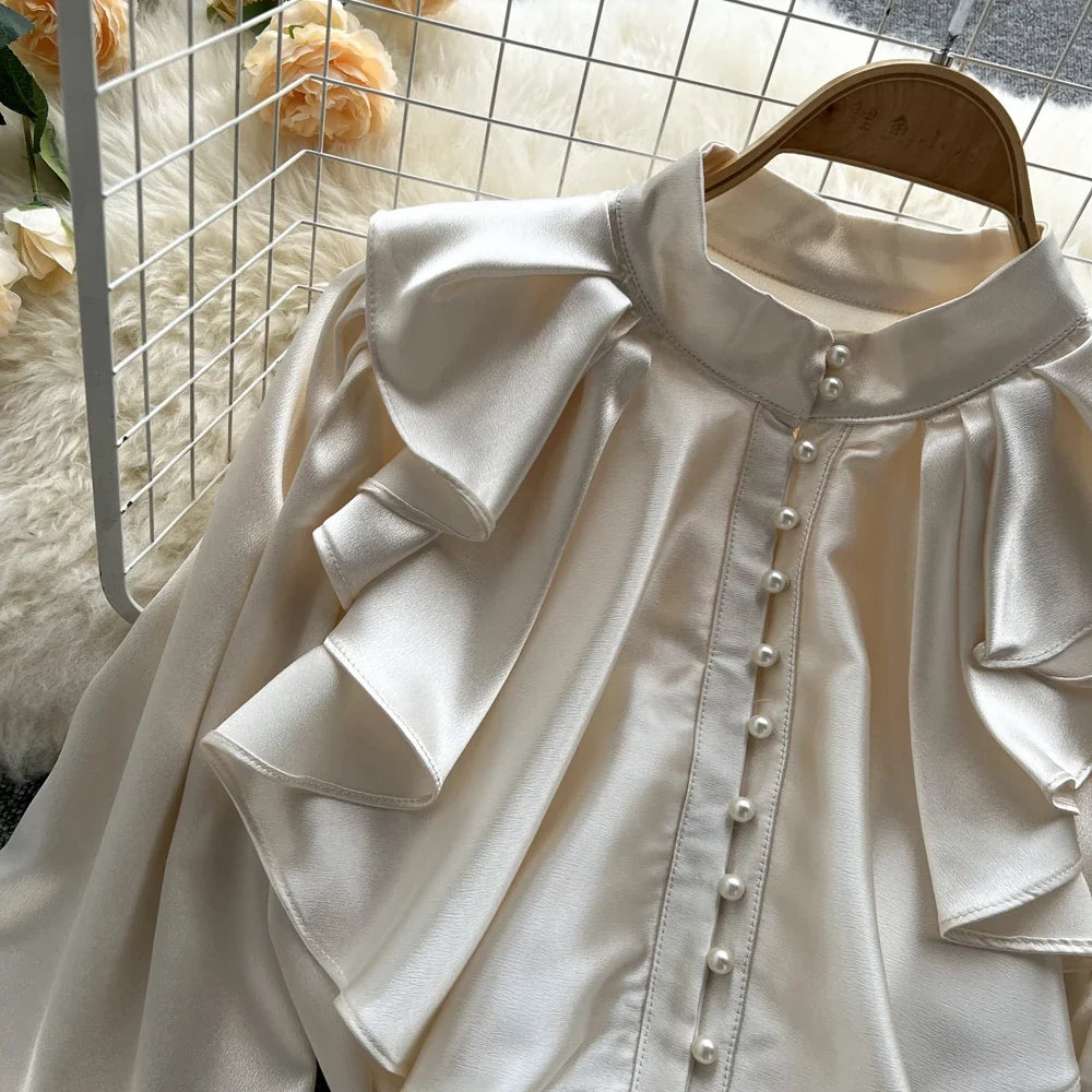 High Quality Satin Loose Shirt Long Flared Sleeves Ruffles O Neck Beading  Women Gentle Office Lady Casual Blouse