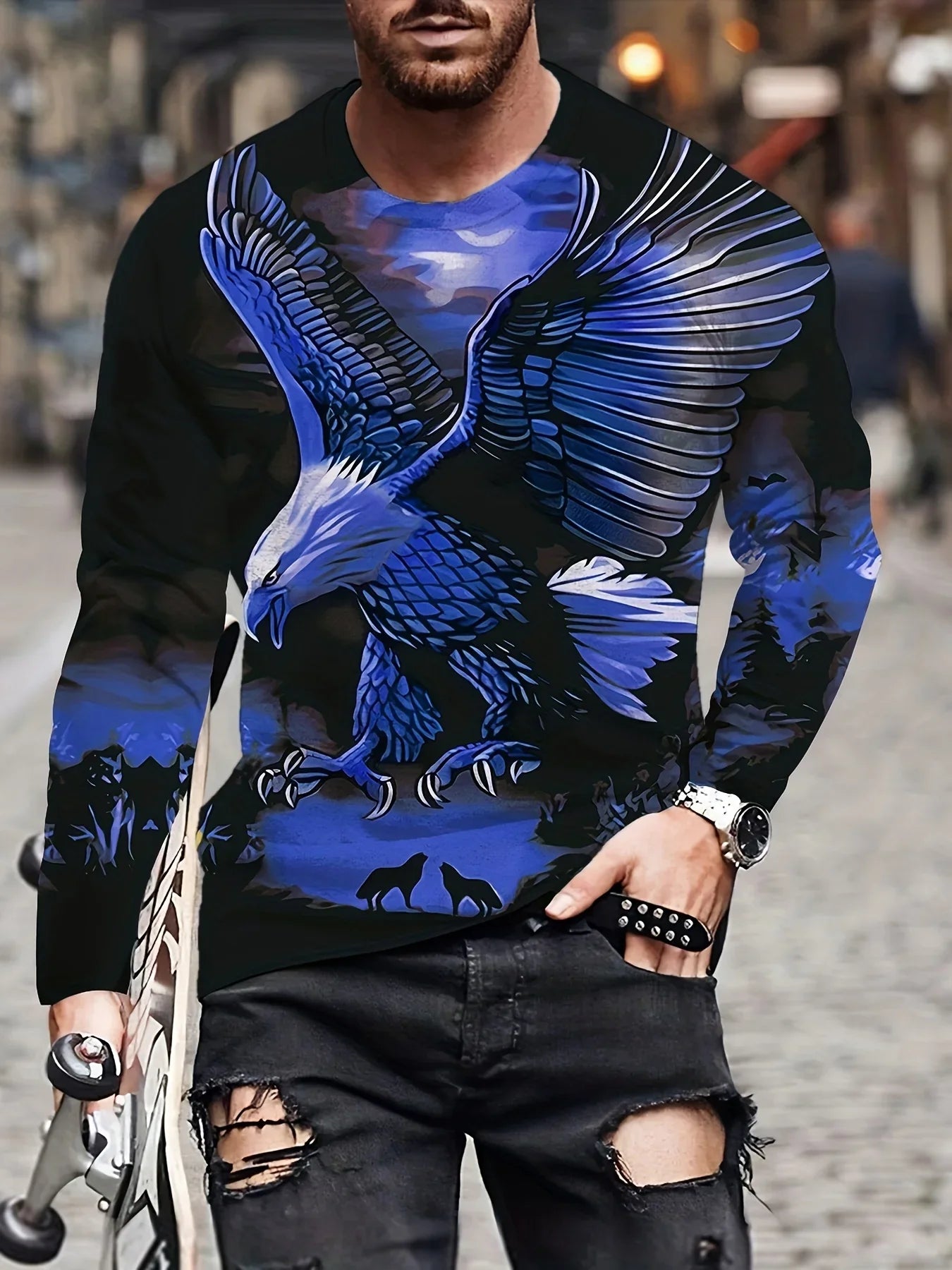 Fashion Eagle 3D Digital Printing Men's Casual Comfortable Long Sleeve T Shirt Fall Men's Patterned Clothing Tops Men's Gifts