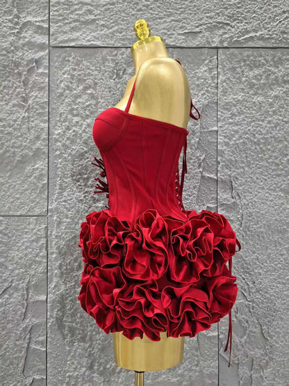 Red Color Women Sexy Halter Full Florals 2 Pieces Bodycon Mini Bandage Dress Celebrate Nightclub Party Birthday Dress