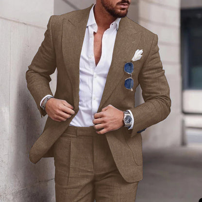 Men's 2 Piece Linen Suit Slim Fit Notch Lapel Casual Blazer Jacket & Trousers Business Wedding Party Formal Dress Set for Men