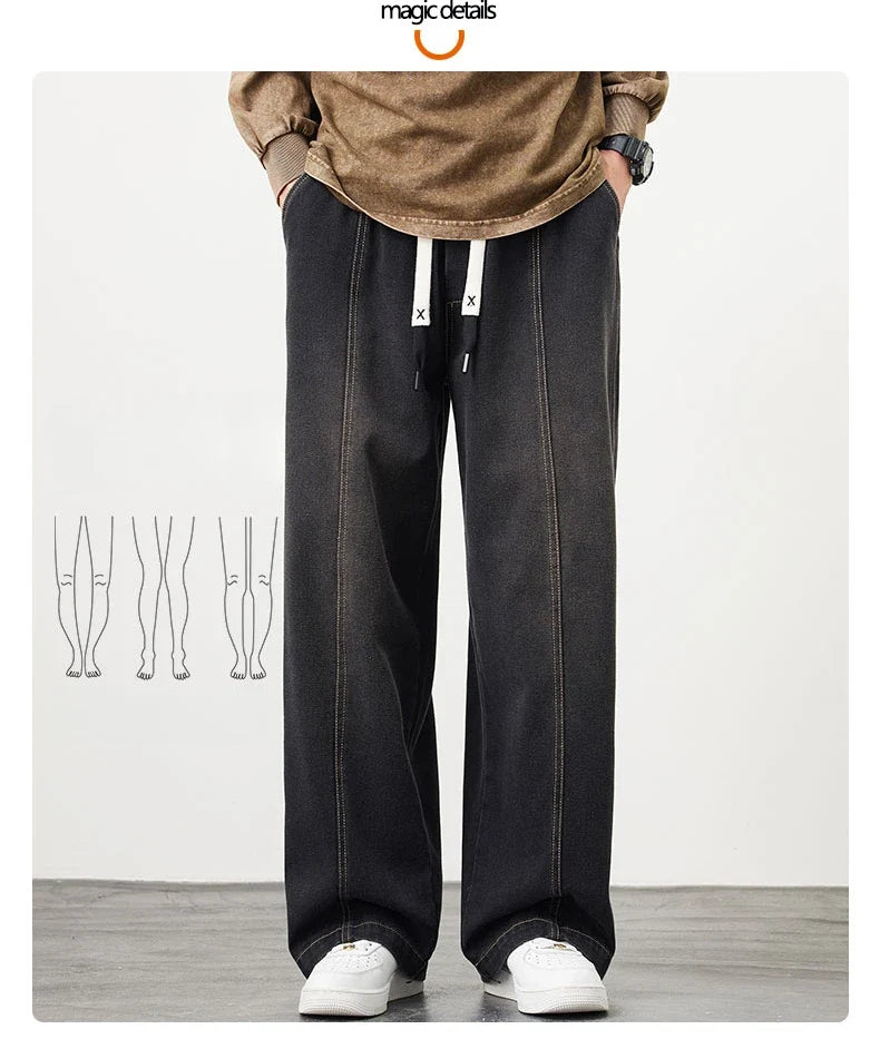 Plus Size M-8XL Baggy Jeans Men's Blue Black Streetwear Elastic Waist Y2K Trousers Fashion Straight Leisure Wide Denim Pants