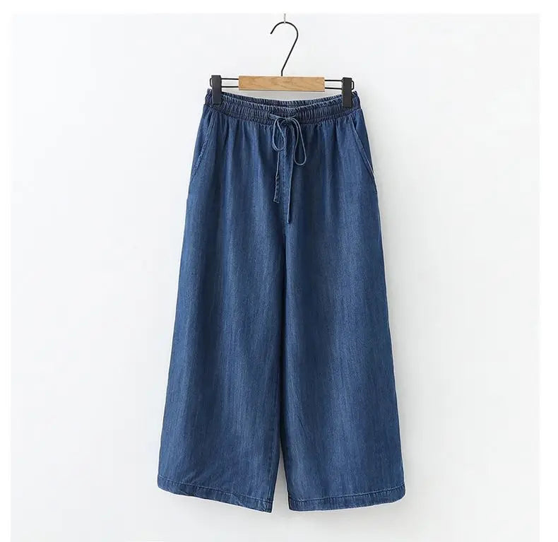 Women's Pants Summer Drawstring Wide-leg Pants Cotton Blue Calf-Length Jeans Pants Mom Elastic Waist Straight Pants Women