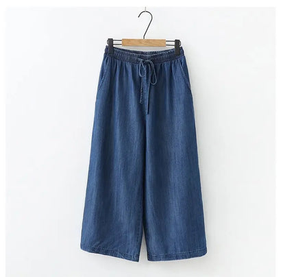 Women's Pants Summer Drawstring Wide-leg Pants Cotton Blue Calf-Length Jeans Pants Mom Elastic Waist Straight Pants Women