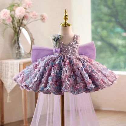 2026 Cute Sweet Purple Children Sleeveless Kids Host Princess Gown Costume Girls Birthday Party Dress Summer New Fashion Floral