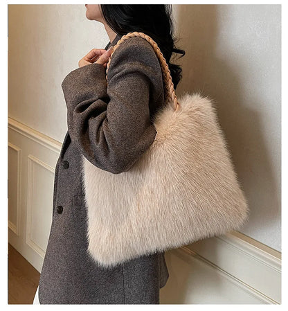 Fashion Women Furry Shoulder Bag Large Capacity Tote Handle Bag for Autumn Winter Outing Commuter Texture Versatile Storage Bags