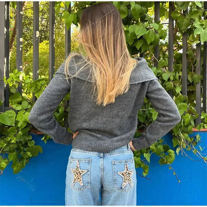 European and American Leopard Print Star Patch Jeans Street Women's High Waist Jeans Fashion Clothing Vintage Straight Trousers