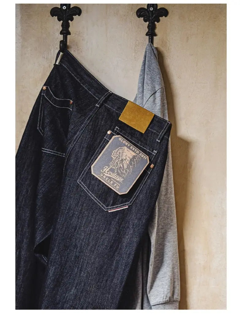 Vintage 12oz One-Washed Denim Jeans for Men Straight Wide Leg Trousers Loose Fit Zip Fly Casual Pants for Fall Winter