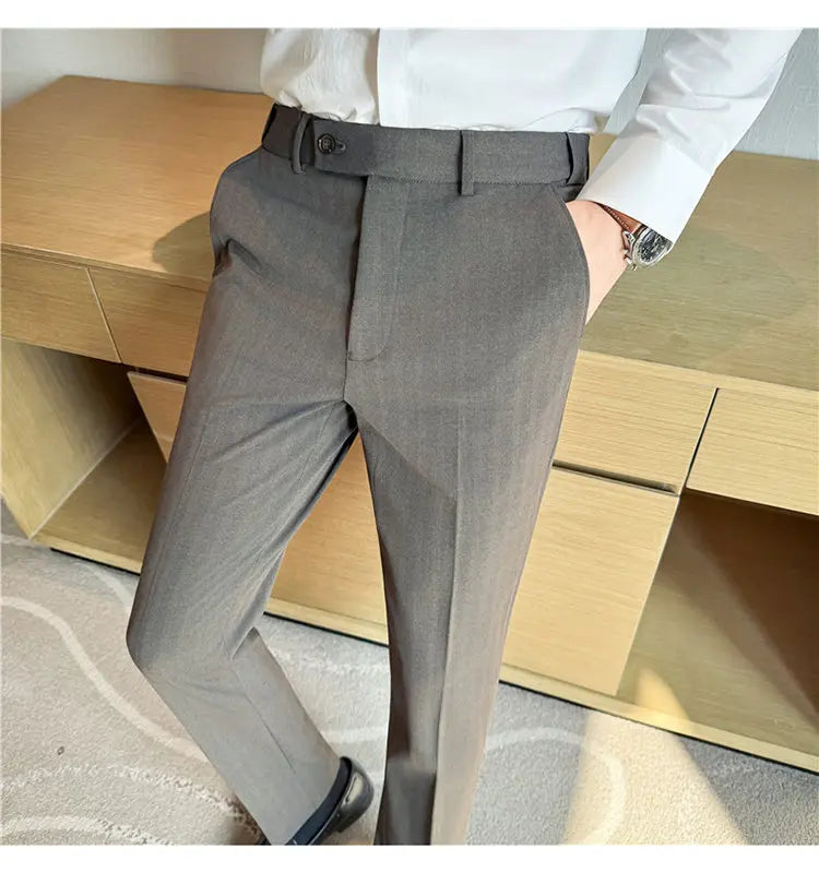 Autumn Winter Thicken Elastic Waist Casual Suit Pants High Quality Men Woven Dark Striped Slim Fit Office Social Dress Trousers