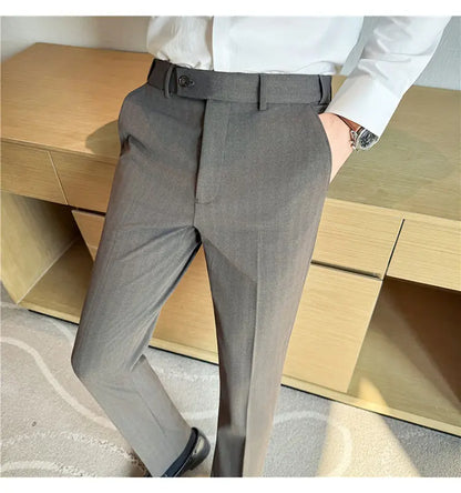 Autumn Winter Thicken Elastic Waist Casual Suit Pants High Quality Men Woven Dark Striped Slim Fit Office Social Dress Trousers