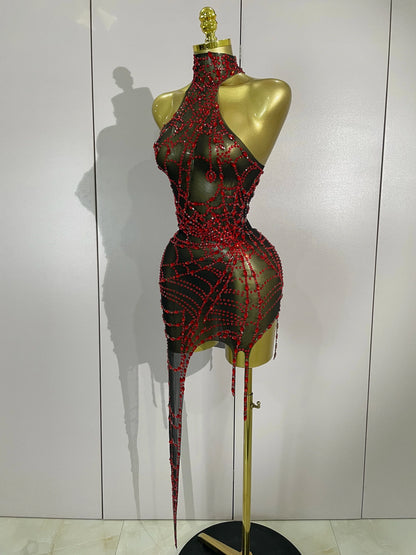 STOCK Sparkly Diamond Sexy Mesh Asymmetric Bodycon Mini Dress Women Nightclub Bar Party Show Gogo Dancer Clothing Stage Costume