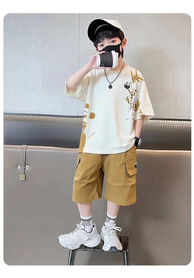 Chinese Style Kids Boy Summer Suit Twopiece Outfit Set With Panda Print T-shirt And Shorts Clothing Set for Children Streetwear