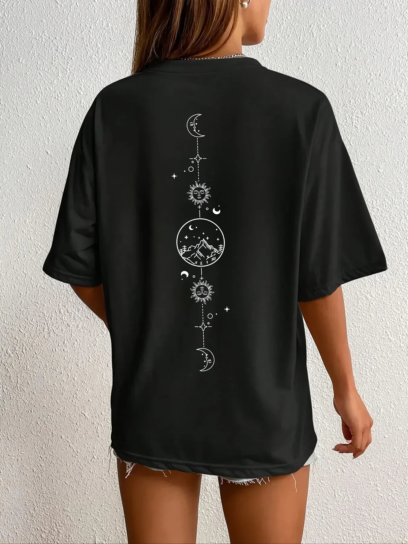 Moon & Mountain Print Crew Neck T-Shirt Print Women's Harajuku Short Sleeve Casual Women's T-shirt Clothing Street Aesthetic