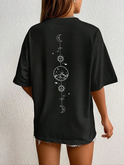 Moon & Mountain Print Crew Neck T-Shirt Print Women's Harajuku Short Sleeve Casual Women's T-shirt Clothing Street Aesthetic
