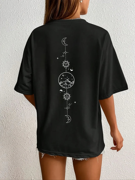 Moon & Mountain Print Crew Neck T-Shirt Print Women's Harajuku Short Sleeve Casual Women's T-shirt Clothing Street Aesthetic