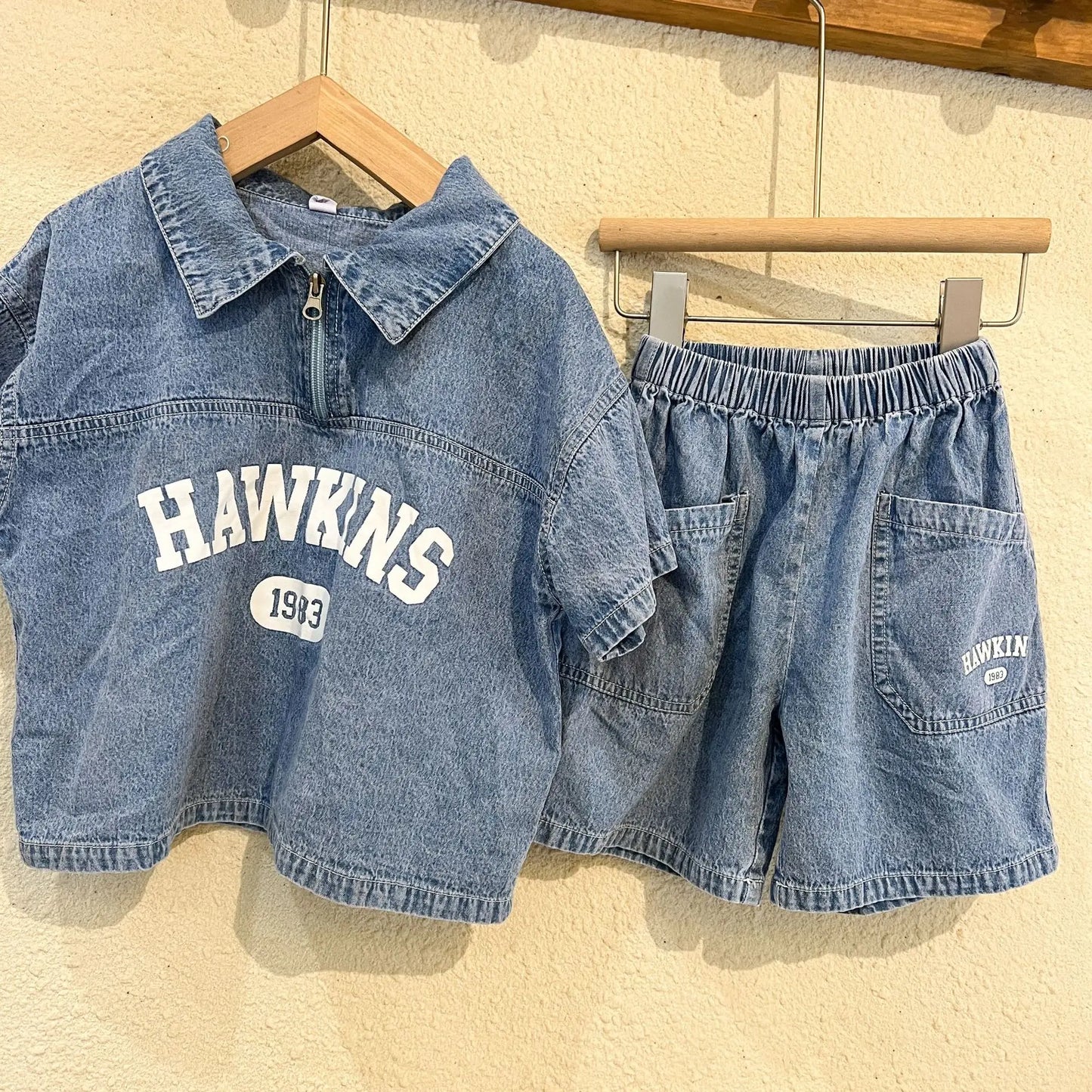 Summer Baby Girls Boys Cotton Alphabet Half Zip Denim T-Shirt Tops+Shorts Pant School Kids Tracksuit Child 2PCS Outfit 1-12Years