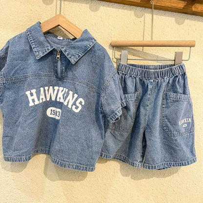 Summer Baby Girls Boys Cotton Alphabet Half Zip Denim T-Shirt Tops+Shorts Pant School Kids Tracksuit Child 2PCS Outfit 1-12Years