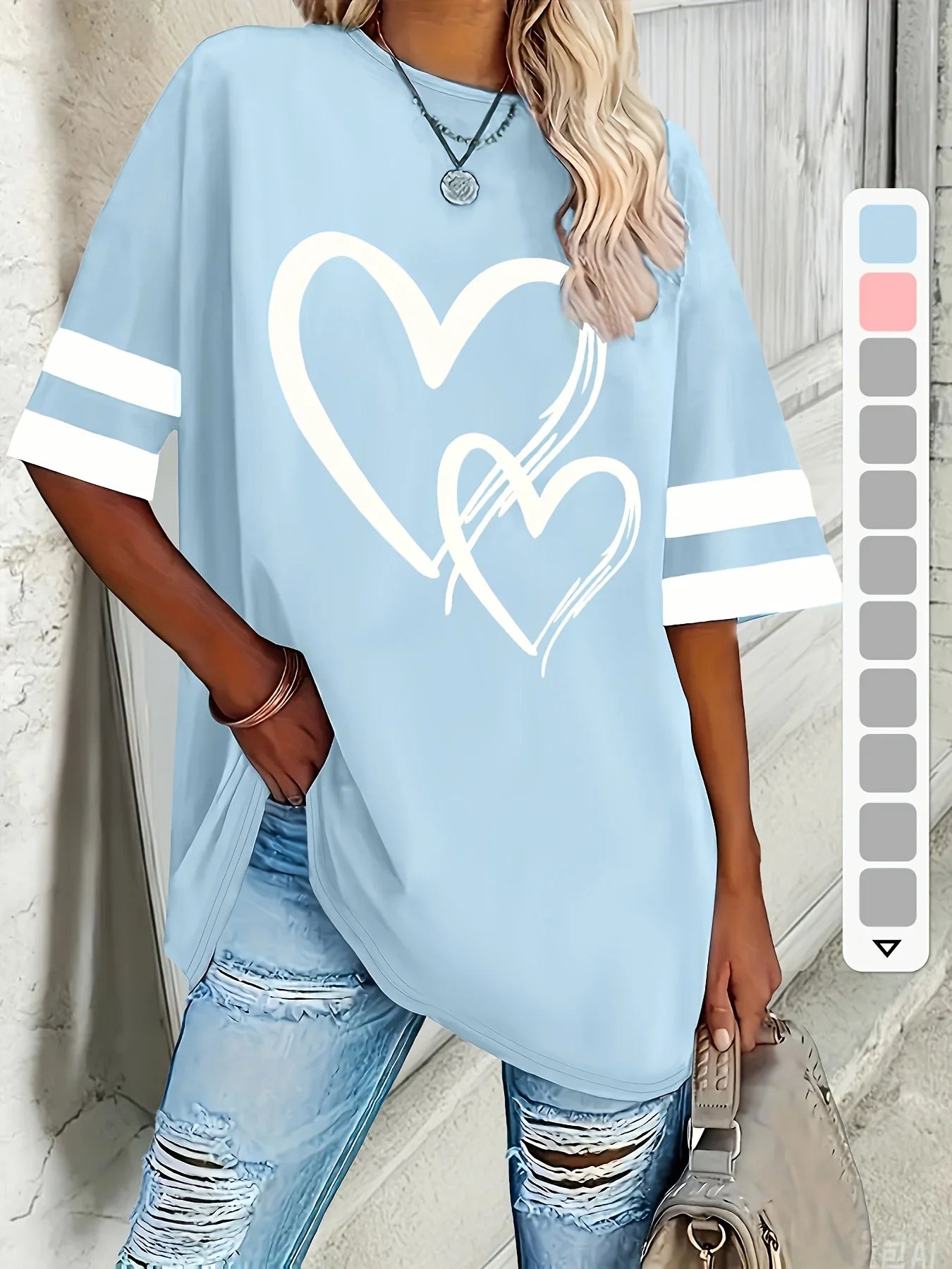 Plus  Size Women's Heart-Striped Print T-Shirt - Casual Short Sleeve V-neck Tops Suitable for Spring and Summer