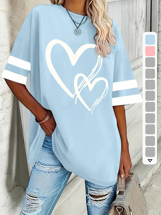 Plus  Size Women's Heart-Striped Print T-Shirt - Casual Short Sleeve V-neck Tops Suitable for Spring and Summer