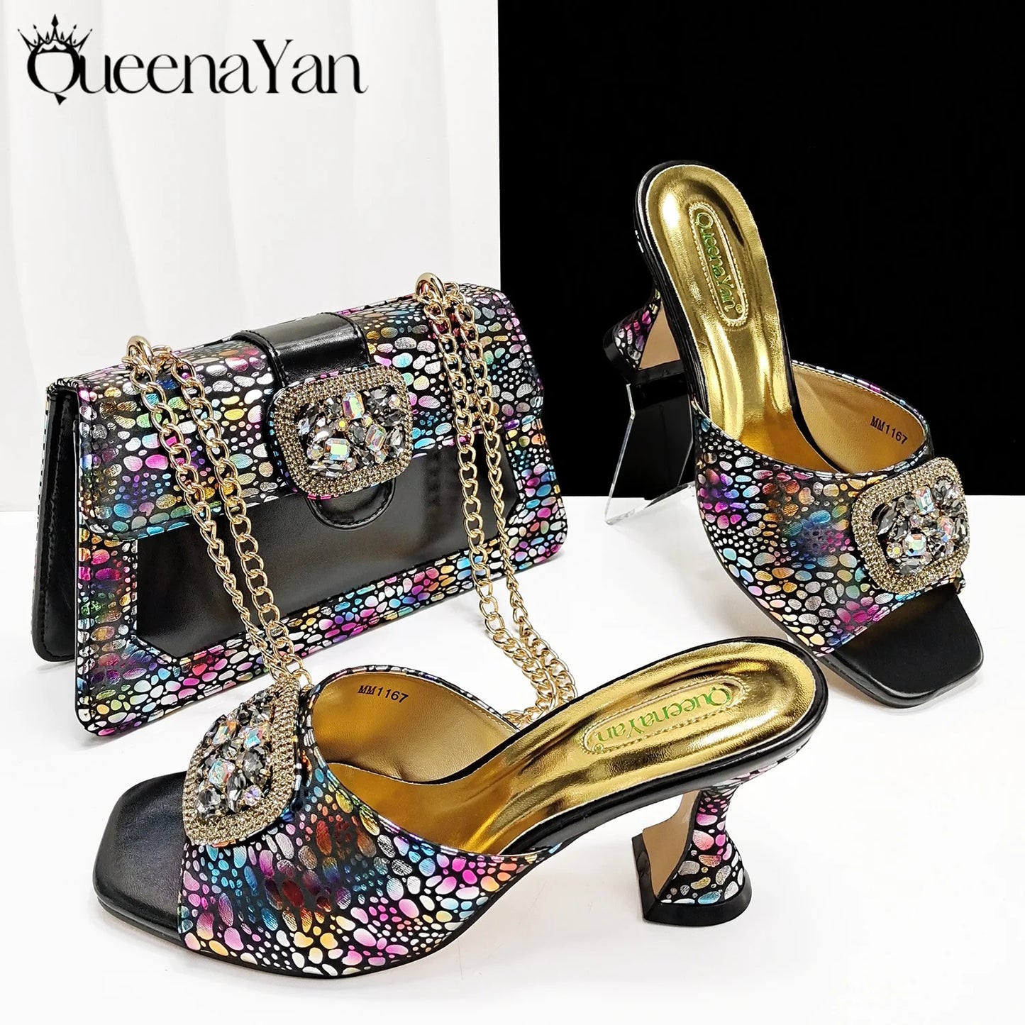 Italian Fashion Design Shoes and Bags Matching Set 2025 Peep Toe High Heels Blue Color Rhinestones Women Shoes for Party