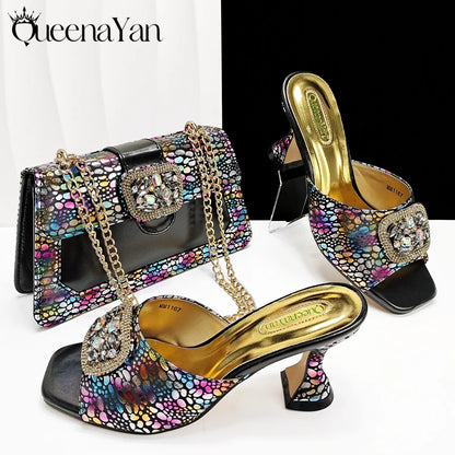 Italian Fashion Design Shoes and Bags Matching Set 2025 Peep Toe High Heels Blue Color Rhinestones Women Shoes for Party