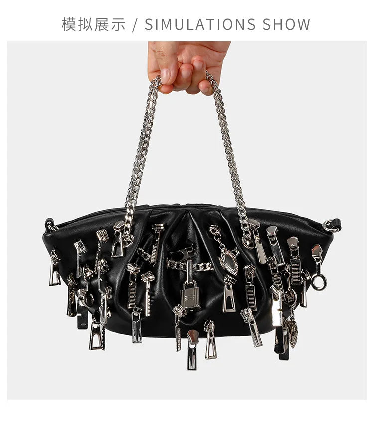 Punk Style Ruched Dumpling Armpit Bag 2025 Multi Zipper Head Decoration Women's Shoulder Bags Spicy Girl Y2K Handbags