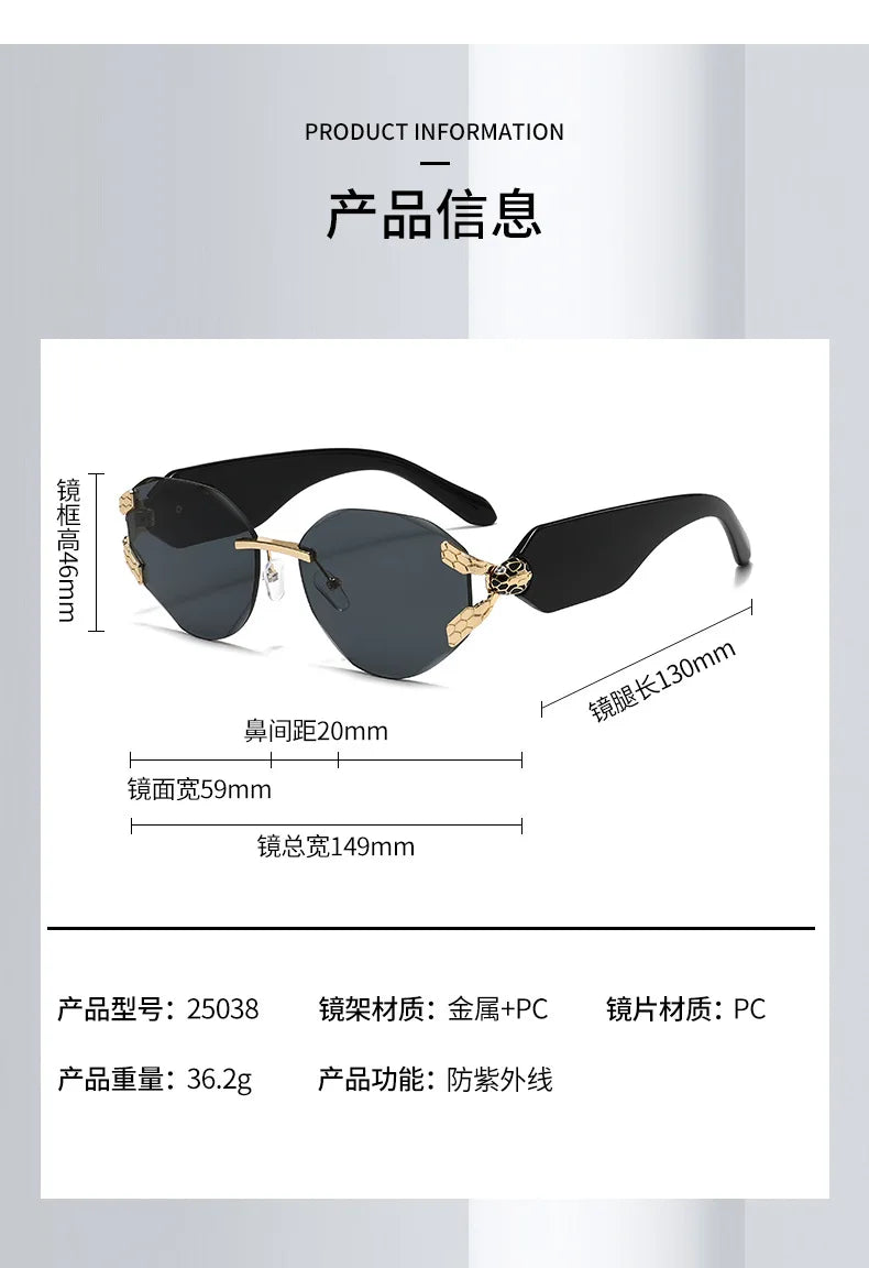 2026 Snake Head Decor Rimless Sunglasses Women's UV400 Protection Shades Wide Temple Gradient Sun Glasses for Street & Driving