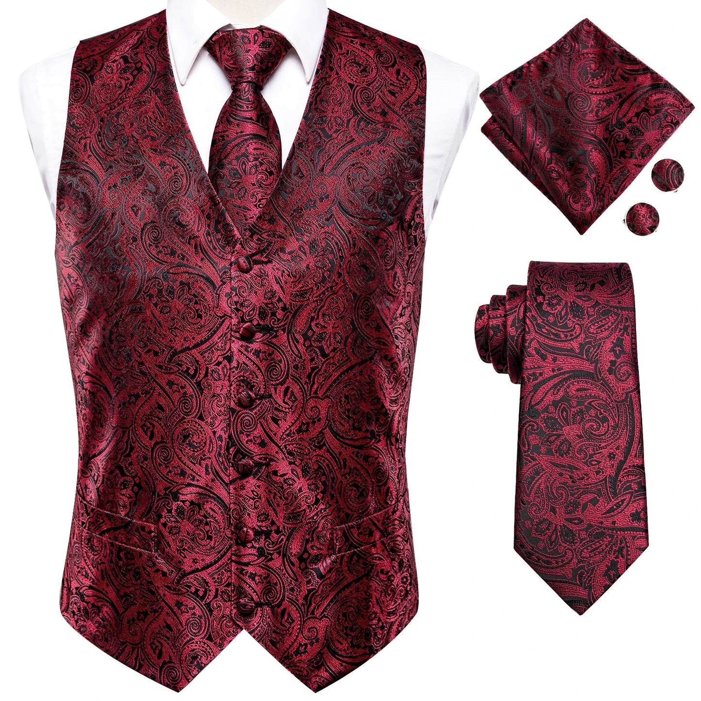 20 Color Men's Vests Tie Business Formal Dress Slim Sleeveless Jacket 4PC Hanky Cufflink Blue Paisley Suit Waistcoat