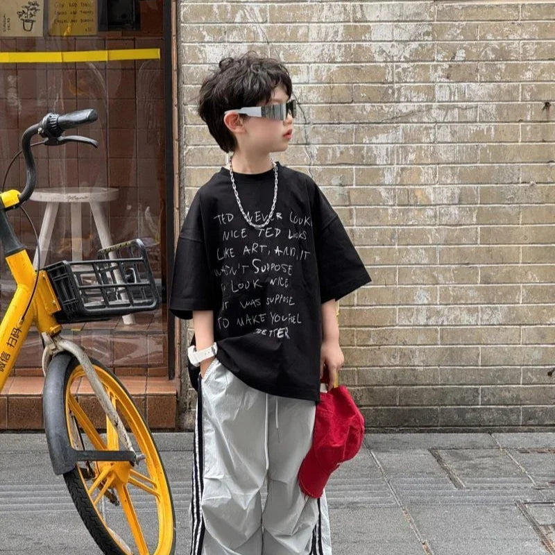 2026 Summer New Korean Style Handsome Baby Boy Letter Print Casual Short Sleeve T-Shirt