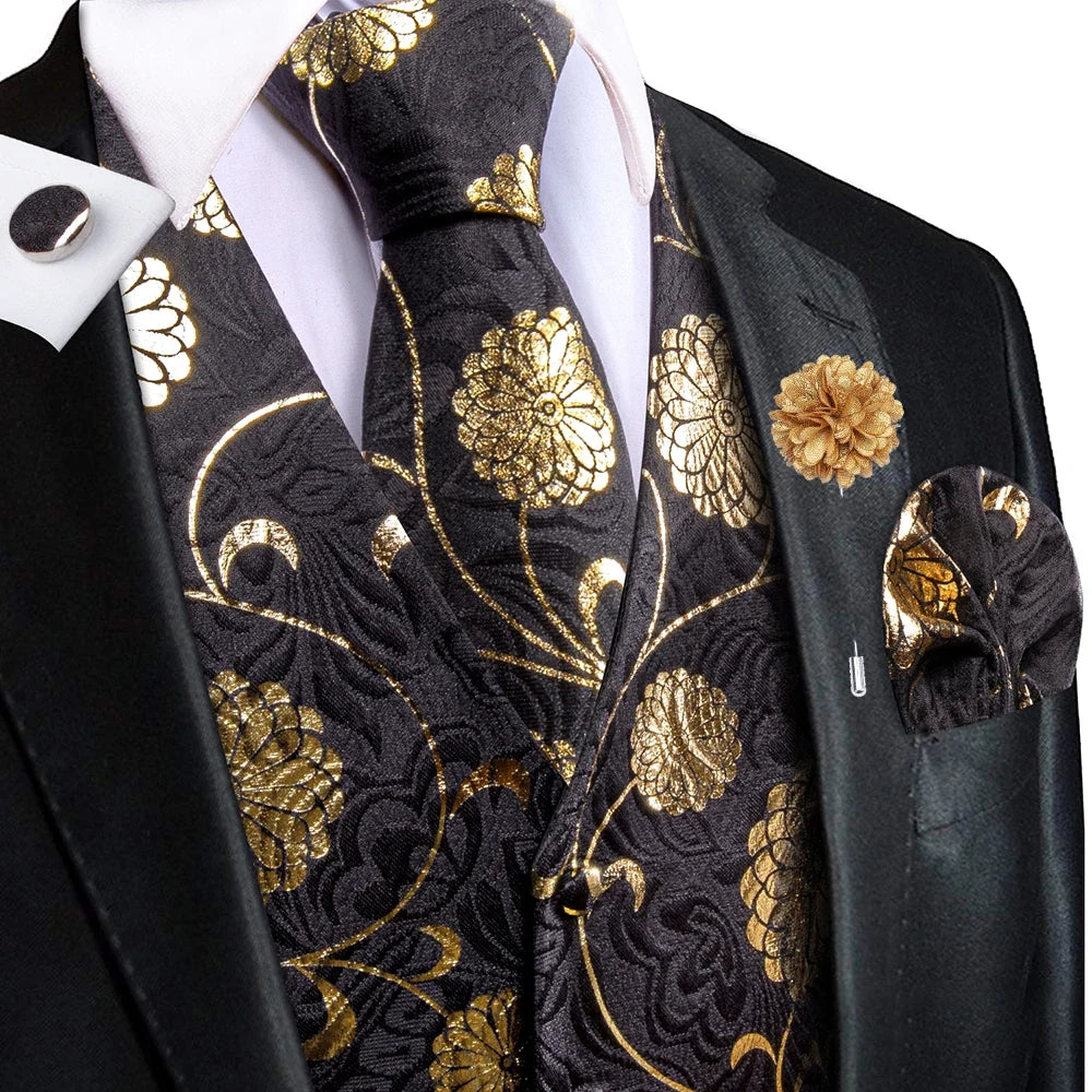 Navy Blue Mens Silk Vests Business Paisley V-Necl Waistcoat Tie Hanky Cufflinks Brooch Set for Men Suit Wedding Formal Hi-Tie