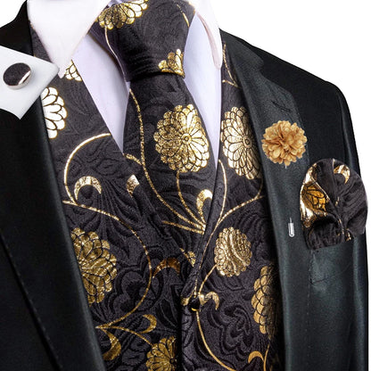 Navy Blue Mens Silk Vests Business Paisley V-Necl Waistcoat Tie Hanky Cufflinks Brooch Set for Men Suit Wedding Formal Hi-Tie